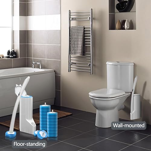 Disposable Toilet Brush, Toilet Bowl Cleaner Wand Kit with 112 Refills | Wall-mounted Toilet Scrubber Kit-16.81" ABS Handle Holder, 112 Sponge Brush Heads for House, Apartment, RV Bathroom Cleaning - color: 1 Pack White Toilet Brush Set