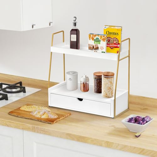 2-Tier Bathroom Organizer Countertop with Drawer, Wood Counter Organizer for Bathroom Decor, Sink Shelf for Vanity Storage, Makeup Tray for Perfume Skincare, Spice Rack Bedroom Kitchen Corner - color: White