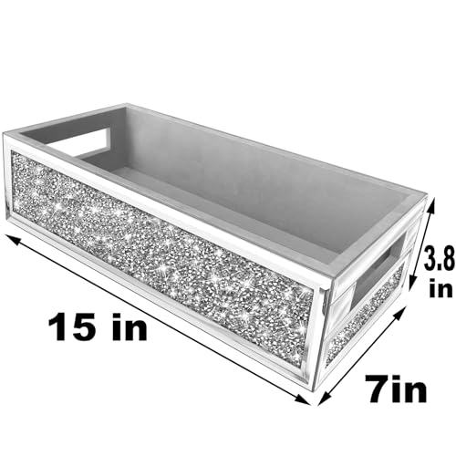 Wocred Bathroom Basket Toilet Tank,Crushed Diamond Mirrored Bathroom Tray Wall-Mounted,Silver Storage Organizer fits Dresser Bedroom,Bathroom,Coffee Table.(15”x7”x3.8”) - color: Silver - 7 Inch