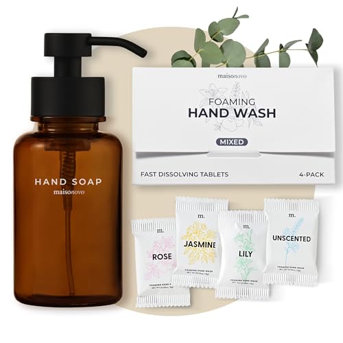 MaisoNovo 14 oz Amber Glass Foaming Soap Dispenser with Black Pump + Mixed 4 Pack Foaming Hand Soap Refill Tablets - color: Amber Bottles/Black Pumps/Tablets