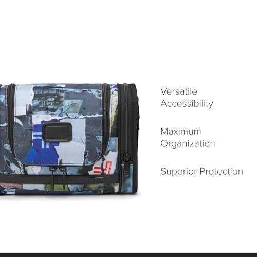 TUMI - Alpha Hanging Travel Kit - Toiletries and Cosmetics Organizer - Travel Essentials Bag with Hooks & Pockets - Wheatpaste Print - color: Blue/Black/White