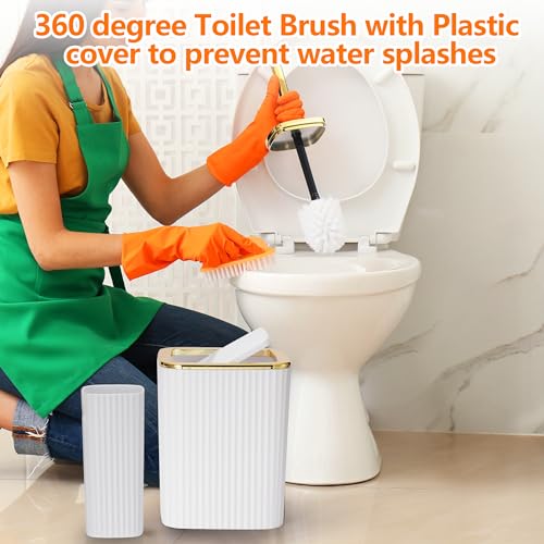 Bathroom Accessory Set,9 Pieces White Bathroom Sets Complete with Toothbrush Holder, Trash Can, Lotion Soap Dispenser, Toothbrush Cup, Vanity Tray, Soap Dish, Toilet Brush, Qtip Holder for New Home - color: White