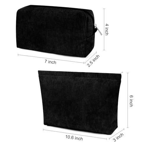 SOIDRAM 2 Pcs Corduroy Makeup Bag Large Cosmetic Bag Toiletry Bag Makeup Pouch Travel Bag Organizer Cute Makeup Brushes Aesthetic Accessories Storage Bag for Women Black - color: Corduroy Black