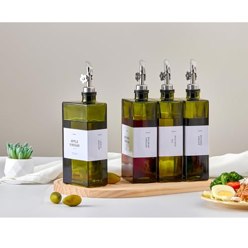 Olive Oil Dispenser Bottle for Kitchen, 16.9oz /500ml Cooking Vinegar Dispenser Bottle Set, Glass Sauce Container, Labels, Brush, Funnel, Stoppers, Green for Oil, Wine - color: Silver, 4 Pack