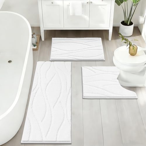 Bsmathom Bathroom Rugs Sets 3 Piece, Soft Non Slip Microfiber Bath Mat and U-Shaped Contour Toilet Rug, Machine Washable Absorbent Shaggy Bathroom Set, White - color: White