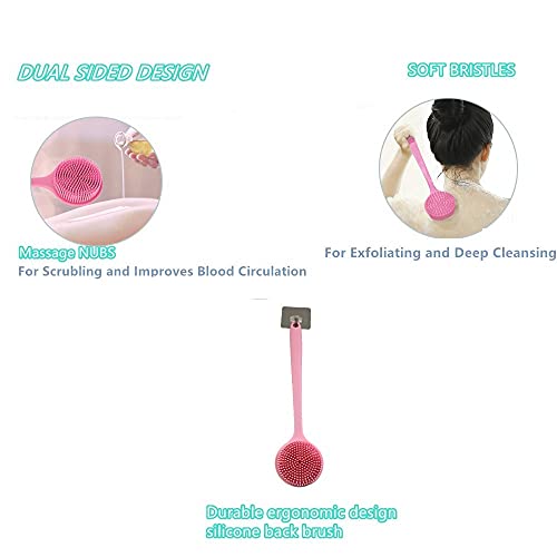 Long Handle Silicone Body Scrubber for Shower, Dual-Sided Back Scrubber Brush with Soft Bristles&Massage Nodes, Exfoliating Bath Brush for Hard to Reach Areas, Easy to Clean & Quick Dry, for Daily Use - color: Pink