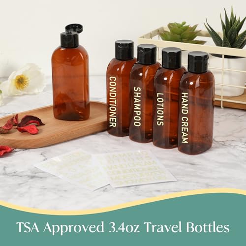 5 Pack Travel Bottles for Toiletries, 3.4oz TSA Approved Travel Size Containers, Leak Proof Refillable Travel Accessories for Shampoo Conditioner, Plastic Travel Bottles with Toiletry Bag and Label. - color: Amber
