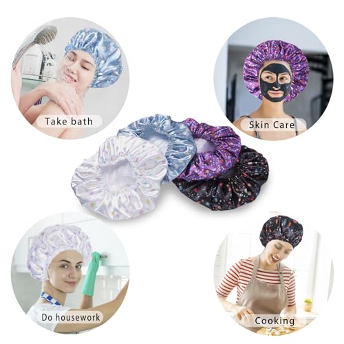 Shower Caps for Women, 4 PCS Elastic and Reusable Bath Caps, Double Layers Shower Cap Reusable Waterproof, Bathing Shower Caps, Environmental Bath Hair Protection Cap - Polka Dots - color: Polka Dots