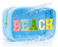 Women Clear Beach Makeup Bag with Chenille Letters-PVC Waterproof Visible Cosmetic Sunscreen Organizer for Pool, Swimming & Travel, Trendy Toiletry SPF Pouch - style: Blue-beach