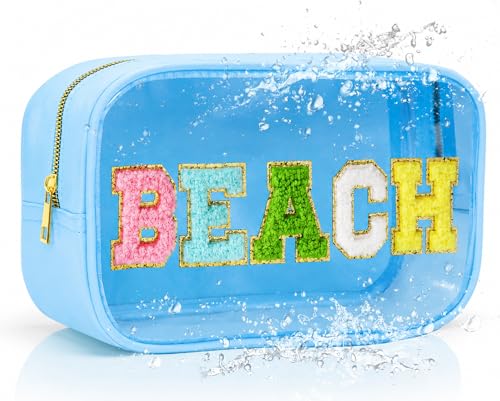 Women Clear Beach Makeup Bag with Chenille Letters-PVC Waterproof Visible Cosmetic Sunscreen Organizer for Pool, Swimming & Travel, Trendy Toiletry SPF Pouch - style: Blue-beach