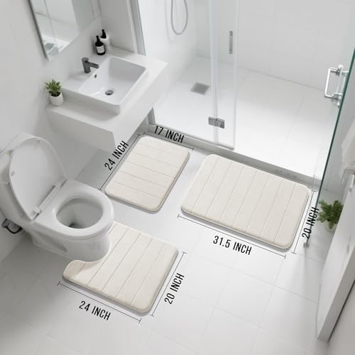 Yimobra Memory Foam Bath Mat Set 3 Pieces- Super Soft Absorbent Quick Dry Bathroom Rug Sets, Machine Washable Non Slip Floor Carpet for Tub Shower, Vanity & Toilet Base, Cream White - color: Cream White, size: 31.5''x20'' +17''x24'' + 24''x20''