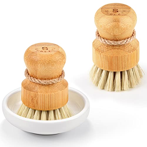 SUBEKYU Bamboo Dish Scrub Brushes, Kitchen Wooden Cleaning Scrubbers Set for Washing Cast Iron Pan/Pot, Natural Sisal Bristles, Set of 2 - color: Ceramics Base + 2p Sisal Brush, size: Regular size
