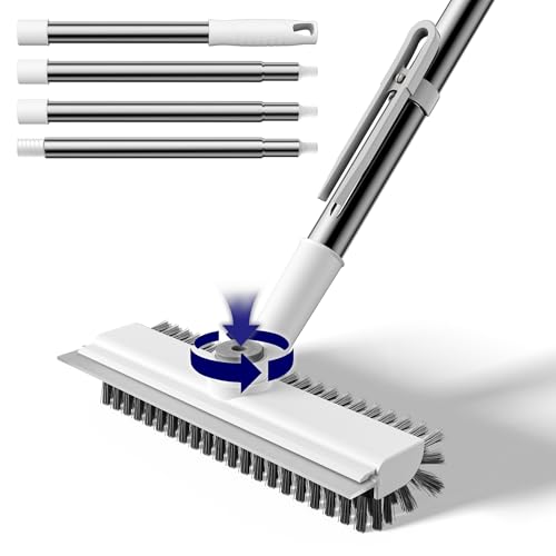 Small Floor Scrub Brush with Length Adjustable Long Handle, 3 in 1 Heavy-Duty Stiff Bristle Scrubber Brush with Squeegee and Tweezer Push Broom for Cleaning Bathroom, Patio, Garage and Kitchen - color: White
