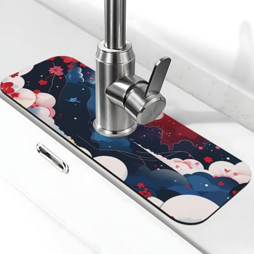 Kitchen Sink Splash Guard Faucet Mat, Sky Clouds Japanese Art Diatom Mud Absorbent Draining Mat For Kitchen Sink Bathroom - color: Sky Clouds Japanese Art, size: One Size