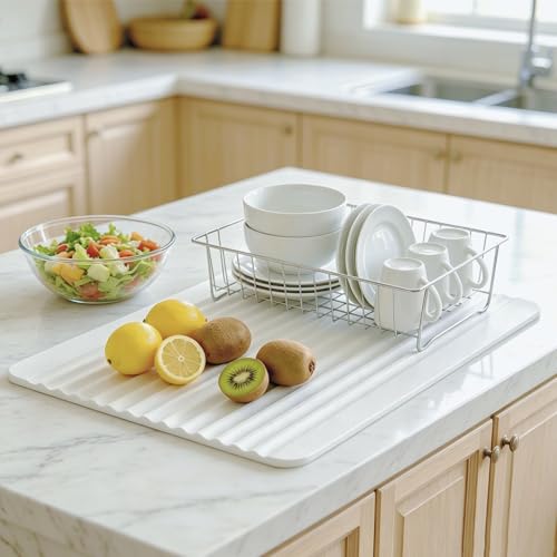Stone Bath Mat Diatomaceous Earth Shower Mat Non-Slip Ultra Absorbent Durable Stone Mats for Bathroom/Kitchen Fast-Drying Modern Design Easy to Clean (24''*16'' White) - color: White