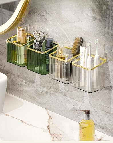 Wall Mounted Toothbrush Holder Adhesive Hanging Wall Organizer Cup Holder for Tooth Brush,Electric Toothbrush,Toothpaste,Razor,Makeup Brush,Cosmetic,Hair Brush,Pen,Set of 2 - color: Silver Gold Rim