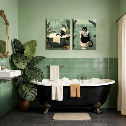 RUMSICH 2-Pcs Fun Black Cat Bathroom Canvas Wall Art Whimsical Animal Bathroom Wall Decor Green Tropical Toilet Bathtub Cat Humorous Artwork Print for Bathroom Toilet and Home Decor 16x24 inch Framed - color: Bathroom Cat, size: 24"L x 16"W
