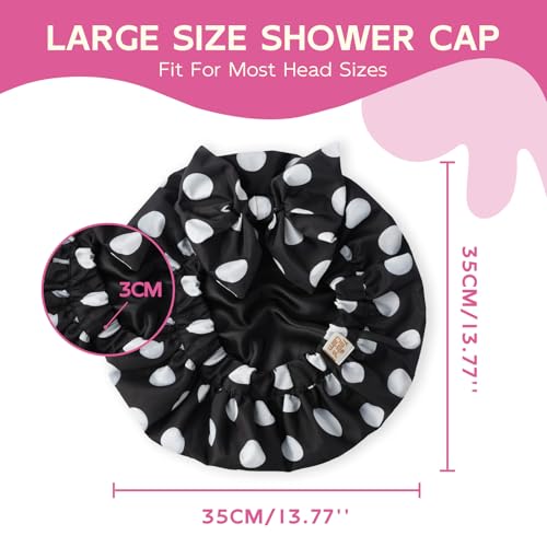 Years Calm Extra Large Shower Cap for Long Thick Hair – Waterproof Double Layer Bath Cap with Satin Lining, Secure Elastic Fit for Braids, Curls & Extensions - color: Black Polka Dots