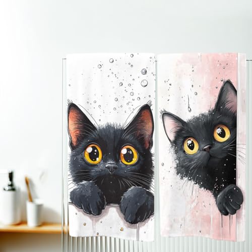 Cute Cat Hand Towels Bathroom Set of 2 Absorbent Pet Animal Cartoon Black Cat Bathroom Kitchen Towels Set of 2 Lightweight Breathable Face Towels for Bathroom Gifts for Women Man 14"x28" - color: Cute Cat