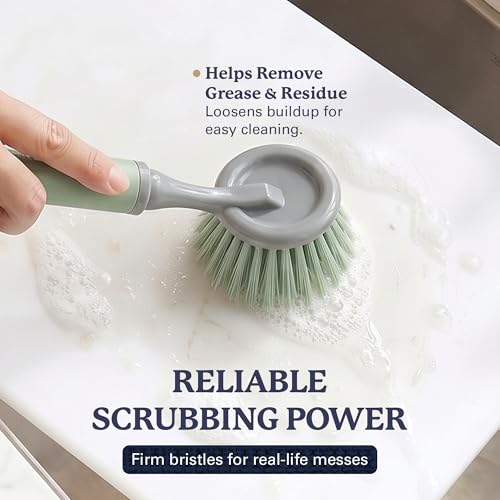 Farberware Dish Brush with Handle, 2 Pack, Firm Bristles | Kitchen scrub brush and dish scrubber removes grease, reaches pot and pan edges, 9in, round head, soft-grip design - color: Sage