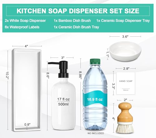 GMISUN Kitchen Soap Dispenser Set, 16 Oz Hand and Dish Soap Dispenser with Ceramic Tray & Bamboo Dish Brush, 2 Pack White Glass Liquid Pump Bottle, Modern Farmhouse Refillable Dish Soap Bottle - color: White Bottles + Black Pumps