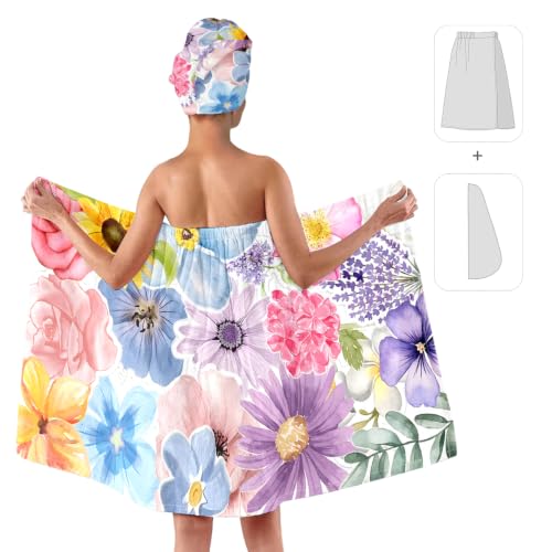 Women's Pink Floral Bath Wrap & Hair Towel Set - Soft Microfiber Spa Body Wrap with Snap Buttons, Absorbent Adjustable Shower Towel with Drying Turban for Gym, Sauna & Dorm (Floral 20) - color: Floral 20