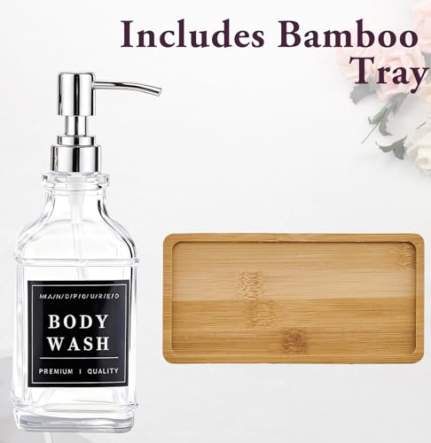 Glass Soap Dispenser with Pump,Tray,Funnel, Countertop Soap and Lotion Dispenser Set of 2 with 60 Stickers, Dish and Hand Soap Dispenser Bottle for Kitchen,Bathroom,Shower, 500ml/16.9oz - color: Blk-5070-2s