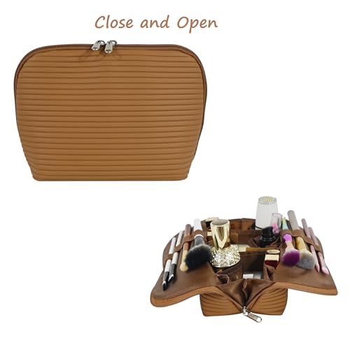 Travel Makeup Bag for Women, Waterproof Stand Up Cosmetic Bag with Brush Holders, Organizer Bag with Compartments, Fold-Down Design for Skincare, Toiletries & Essentials (Chestnut, Medium) - color: Chestnut, size: Medium