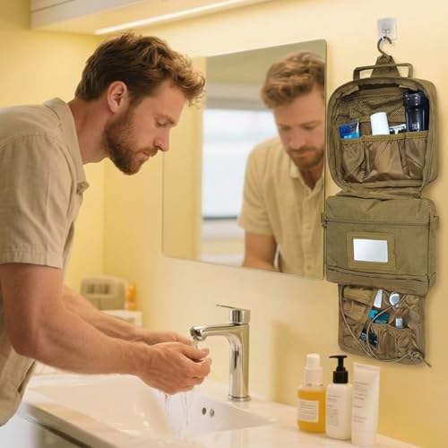 SUNRISING Tactical Travel Toiletry Bag for Men and Women, Hanging Travel Toiletry Organizer Dopp Kit, Toiletries Shaving Hygiene Bathroom Bag,Men's Toiletry Bag for Short Trips Camping - Khaki - color: Khaki