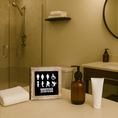 Funny Bathroom Wooden Sign, Whatever Just Wash Your Hands, Hilarious Restroom Decor, Decorative Signs for Home Toilet Bathroom Restroom Shelf, Freestanding Home Decor 5.9×5.9 inch - color: color21