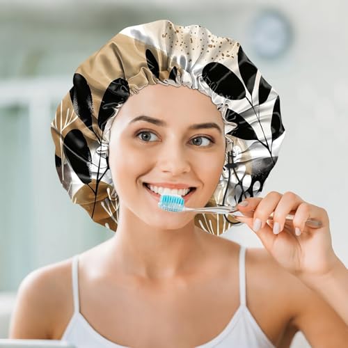 Luxury Shower Cap Silk Satin Lined Waterproof Reusable Adjustable Elastic Dry Hair Bathing Caps Cute for Women Girls-Leaf - color: C-13-Leaf