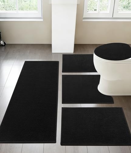 YIHOUSE Bathroom Rug Mat Sets, Ultra Thin Quick Dry Bath Mat, Absorbent Bath Mat for Bathroom Non Slip Machine Washable Bath Rug 5 Pieces (Black) - color: Black, size: 5 Pieces
