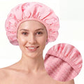 Janmercy Terry Lined Shower Cap for Women Pink Bow Extra Large Waterproof Shower Cap Reusable Double Layer Large Bath Hair Bonnet Washable Quick Dry for Braids Long Straight Curly Hair Women Gifts - color: Flat Bow, style: Pink Bow