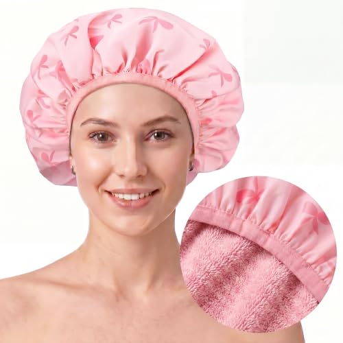 Janmercy Terry Lined Shower Cap for Women Pink Bow Extra Large Waterproof Shower Cap Reusable Double Layer Large Bath Hair Bonnet Washable Quick Dry for Braids Long Straight Curly Hair Women Gifts - color: Flat Bow, style: Pink Bow