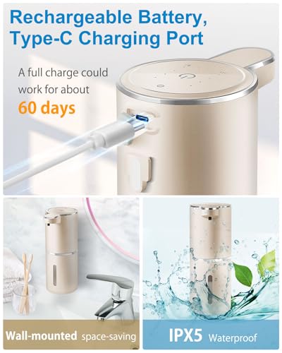 Automatic Foaming Soap Dispenser,4-Level Adjustable Foam, Wall Mount,USB Rechargeable,12.8oz/ 380ml,Touchless Hand & Dish Soap Dispenser for Bathroom, Kitchen,Hotel, Restaurant - color: Champagne Gold
