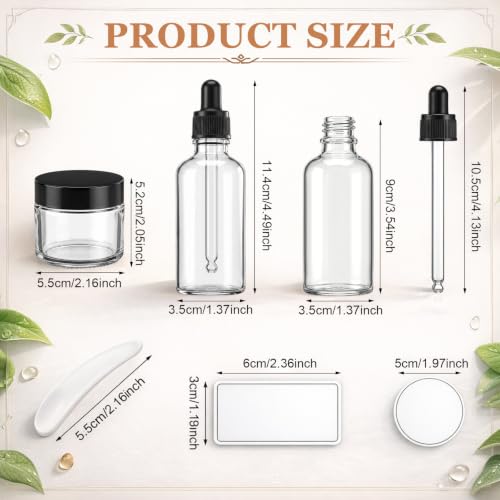 48 Pcs Clear Glass Jars and Dropper Bottles Set, 2 oz Cream Jars with Black Lids 1.7 oz Clear Dropper Bottles, with Label and Mini Spatula, for Essential Oil, Lotions, Massage Oil, Spa Salon - color: Clear