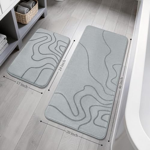 YIHOUSE Memory Foam Bathroom Rugs Sets 2 Piece - Extra Thick Ultra Soft Absorbent Bath Mat Set, Non-Slip Machine Washable Bath Rugs for Bathroom, Tub & Shower, Home Decor (17"x24"+20"x46", Grey) - color: Grey, size: 1'5" x 3'10" (17"x24"+20"x46")