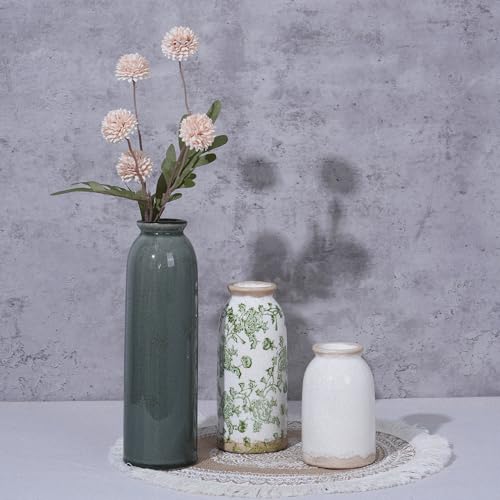 Vintage Ceramic Vase Set of 3, Flower Small Chinoiserie Vase Rustic Modern Farmhouse Centerpiece Decorative Pottery Vases for Table Mantel Entryway Bookshelf Living Room Kitchen Home Decor - color: Vintage- Green