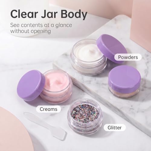 3 Gram Sample Jars with Lids, 25 Count Mini Cosmetic Containers - Makeup Travel Containers with Labels, Tiny Disposable Spatulas - color: Purple