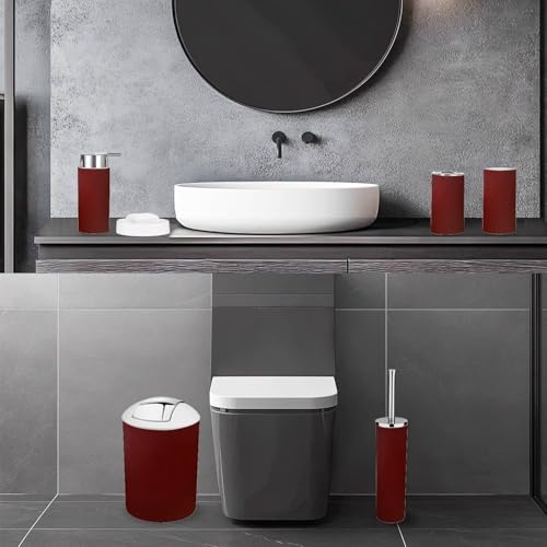 Bathroom Accessory Set 6 Piece Burgundy Acrylic Watercolor Marble Shiny Toothbrush Holder, Toothbrush Cup, Soap Dispenser, Soap Dish, Toilet Brush Holder, Trash can, xoniKYxlaPeIs-6j