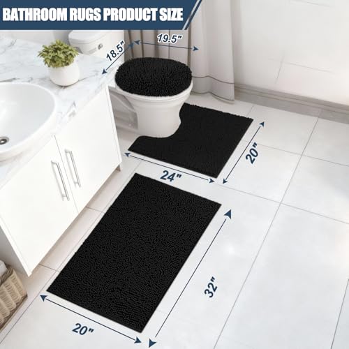 Bathroom Rugs Sets 3 Piece with Adjustable Toilet Seat Cover 19.5"x 18.5" Machine Washable Bath Rug Set with TPR Non Slip Rubber Backing Solid Bath Mat Set for Luxury Bathroom Decoration - color: Black
