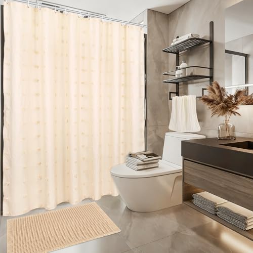 3 Pcs Boho Farmhouse Bathroom Shower Curtain Set with Waffle Bath Mat and Hand Towel Cream 71” x 71” Waterproof Neutral Shower Curtain Non Slip with 12 Hooks for Bathroom and Hotel Tub Decor