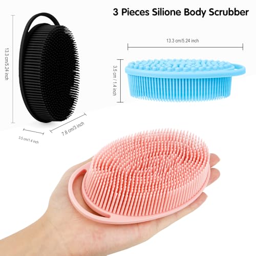 3 Pack Silicone Body Scrubber, Silicone Loofah Soft Exfoliating Body Scrubber, Silicones Body Brush Bath Shower Scrubber for Body, 2 in 1 Bath and Shampoo Wash Brush for Skin Exfoliation Men Women - size: With Handle Black+Pink+Blue