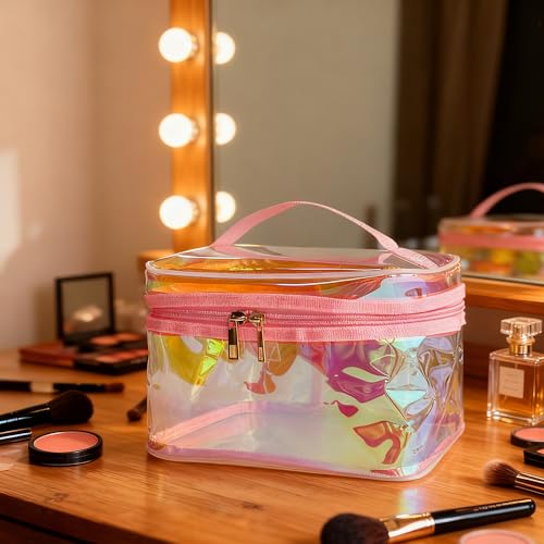Waterproof Holographic Red PVC Makeup Bag with Handle - 8.66 * 5.51 * 5.51 inch Travel Cosmetic Organizer for Women Men Toiletry Pouch (Holographic Red-L) - color: Holographic Red-L