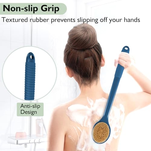 VANZAVANZU 17 Inch Anti-Slip Long Handle Back Scrubber for Shower – Dual-Sided Shower Brush and Shower Back Scrubber with Soft and Stiff Bristles for Wet or Dry Brushing (Navy Blue) - size: 17 in - Navy Blue