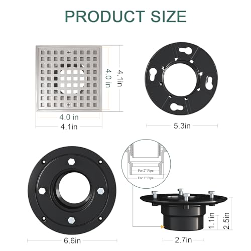 4 Inch Shower Floor Drain with Flange - Square Shower Drain with Hair Strainer - Removable Grid Strainer Cover - SUS304 Stainless Steel - Brushed Nickel - color: Brushed Nickel
