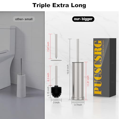 Stain Nickel Toilet Brush and Holder Set，Stainless Steel Heavy Duty Toilet Bowl Brush，Extra Long Handled Modern Toilet Cleaner Brush with Replaceable Head, Removable Inner Bowl, and Splash Protection