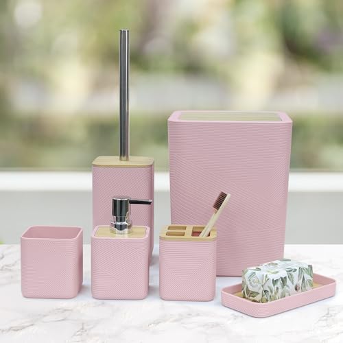 CERBIOR Bathroom Accessory Set with Shower Curtain, Includes Shower Curtain,Soap Dispenser, Toothbrush Holder, Toothbrush Cup, Soap Dish for Decorative Countertop and Housewarming Gift,Pink,20PC - size: Bath Set+Shower Curtain, style: Pink