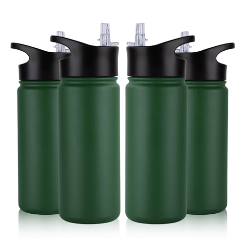 16 oz Insulated Water Bottle Bulk 4 Pack, Straw & Spout Lid, Keep Cold 24H, Spill Proof, BPA-Free, Double Wall, Stainless Steel Kids Water Bottles for School, Sports, Dark Green - color: Dark Green, size: 16 Ounces-4