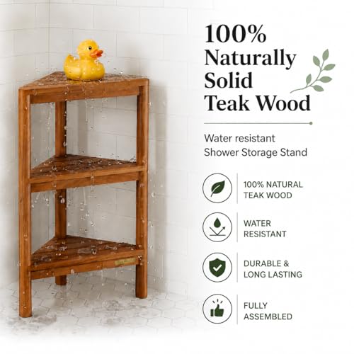Fully Assembled Teak Corner Bath Shower Storage Stand, Corner Shelves, Shower Caddy 26.5"
